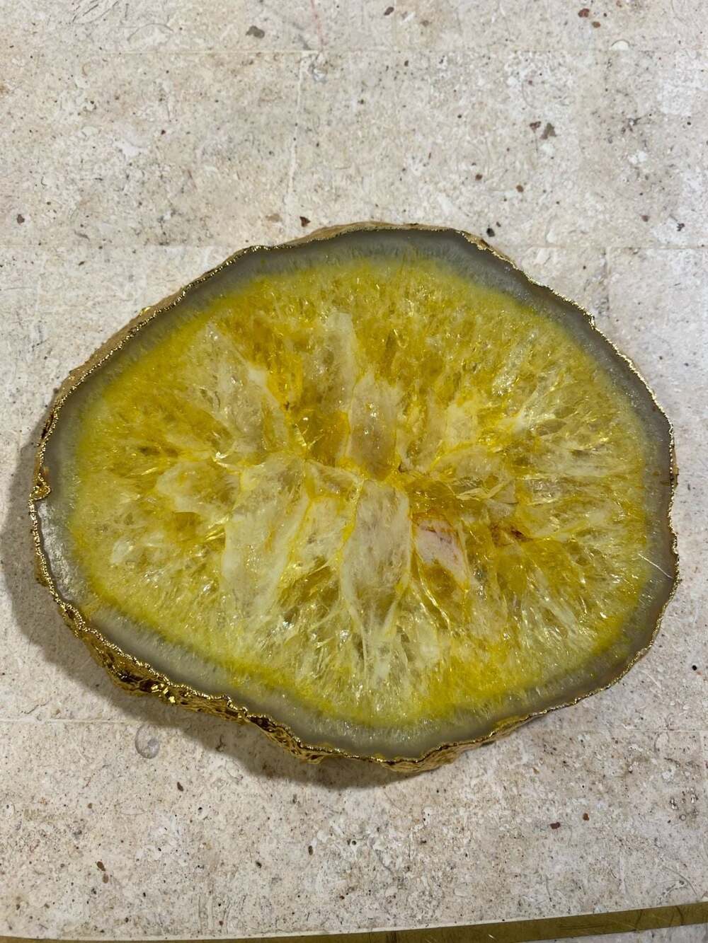 Yellow Agate Slice Coaster with Gold Electroplated Edge